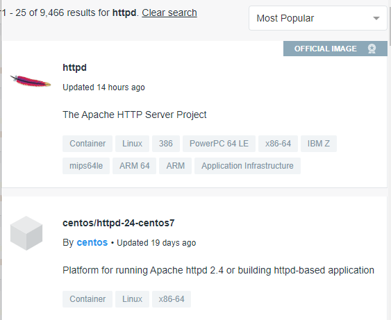 Első két találat a httpd szóra keresve a Docker Hub-on