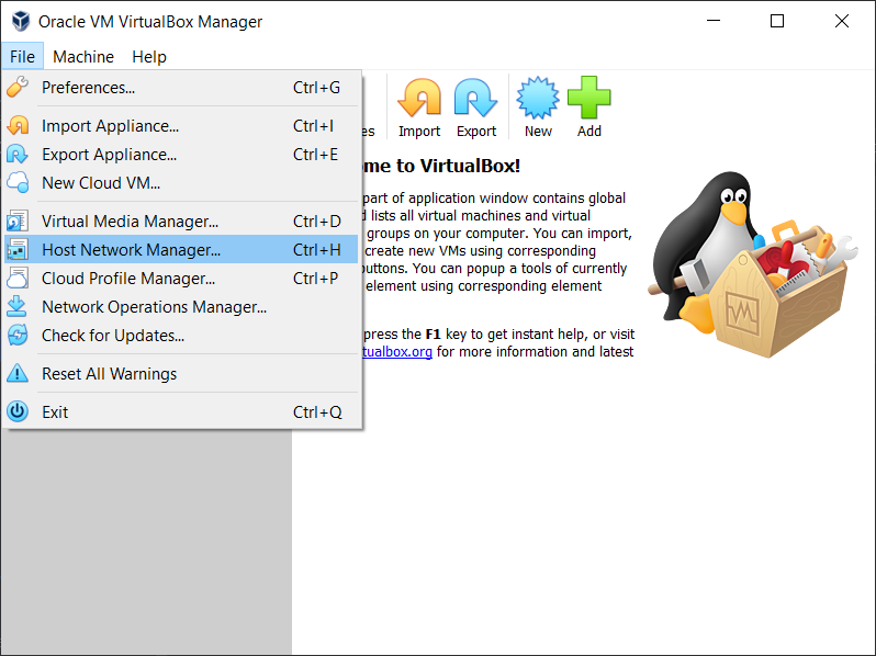VirtualBox Host Network Manager megnyitása