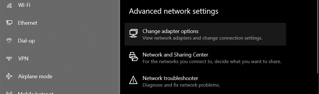 Advanced network settings szekció